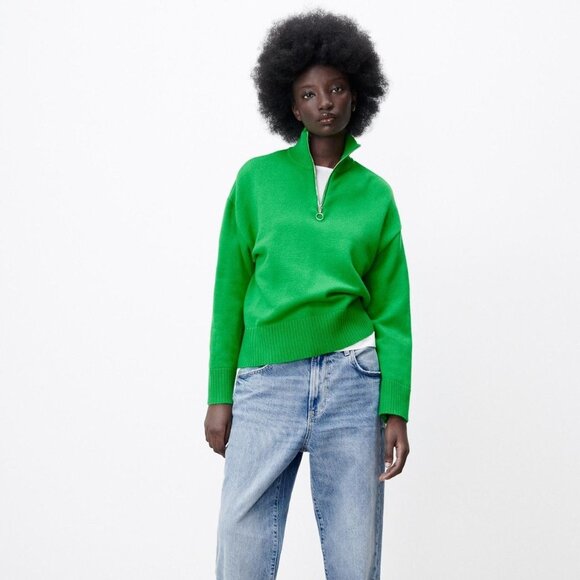Zara Quarter Zip Funnel-Neck Knit Sweater Green Small - Picture 1 of 7